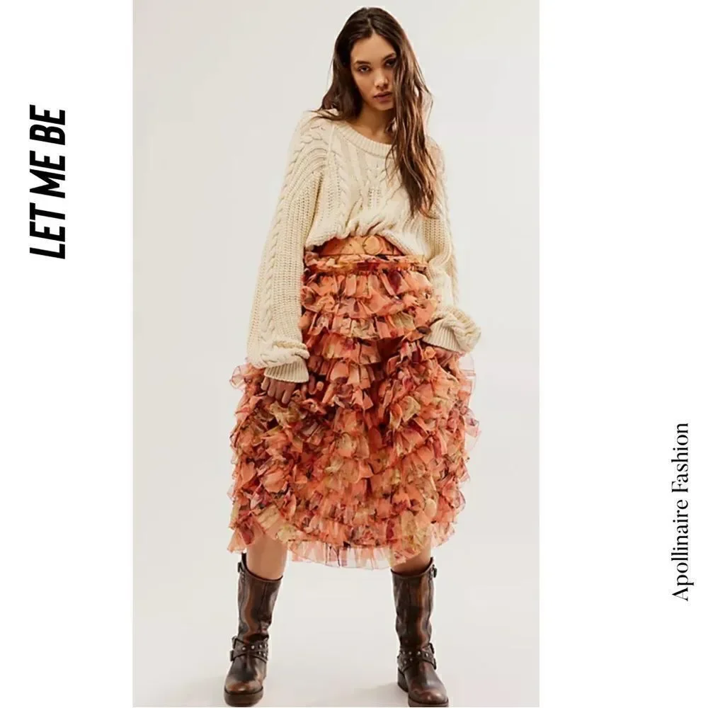 LET ME BE KAYA SKIRT IN HORIZON NWT SMALL FLORAL RUFFLED STUNNING_4